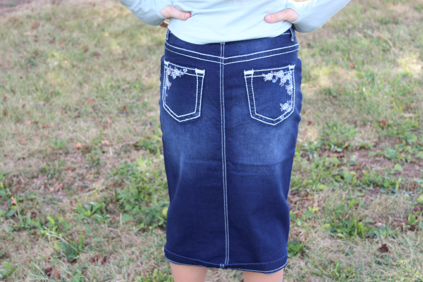 Light Blue Flower Embroidered Denim Skirt
