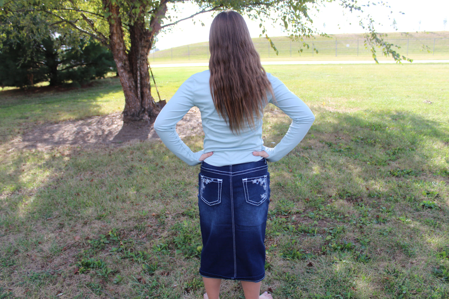 Light Blue Flower Embroidered Denim Skirt