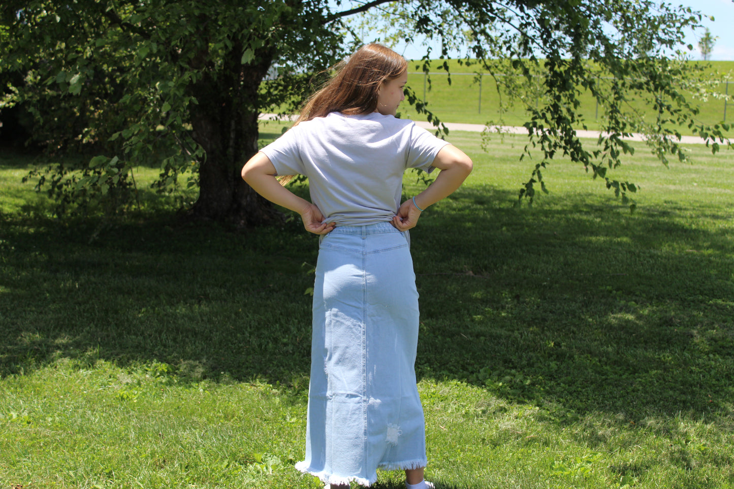 High-Waisted Midi Jean Skirt