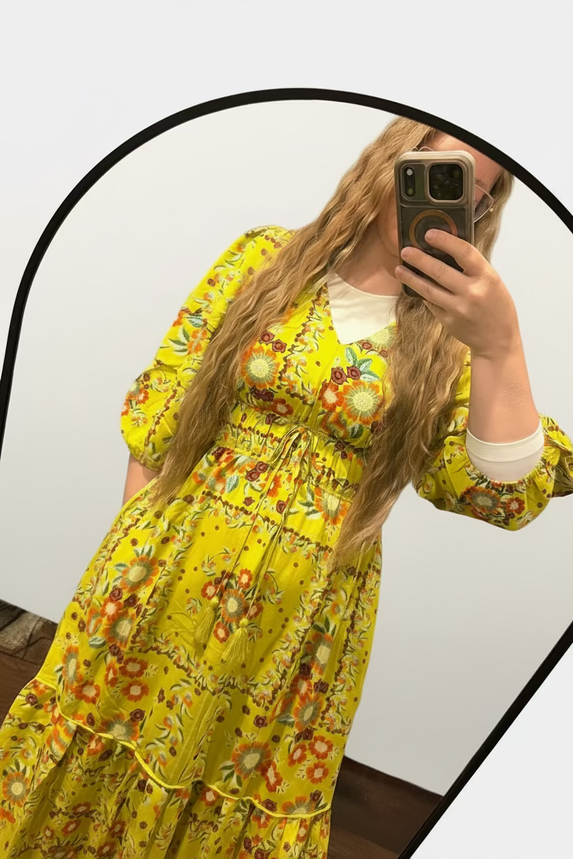 Lime Retro Balloon Sleeve Dress