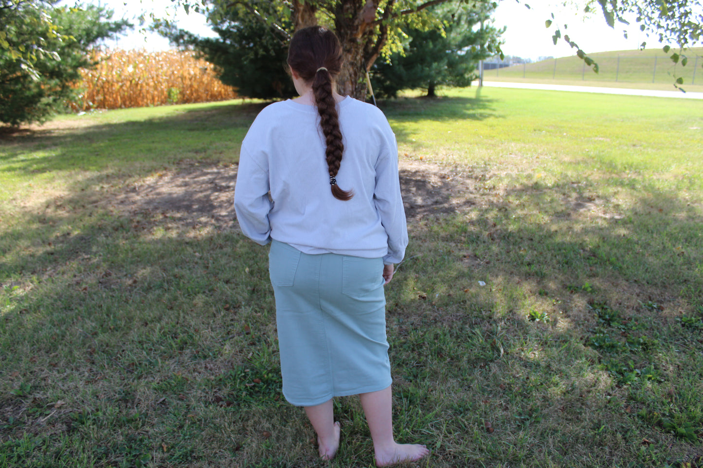 Sage Knee Length Denim Skirt