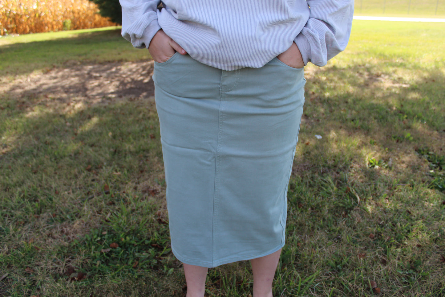 Sage Knee Length Denim Skirt