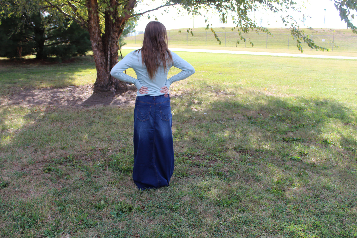 Long Scallop Fringe Denim Skirt