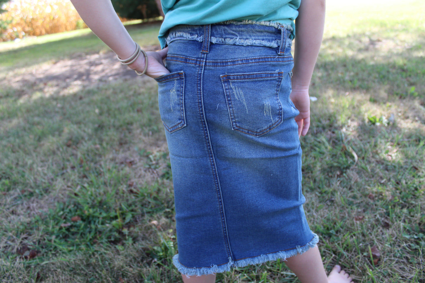 Girls Fringe Hem Knee Length Denim Skirt
