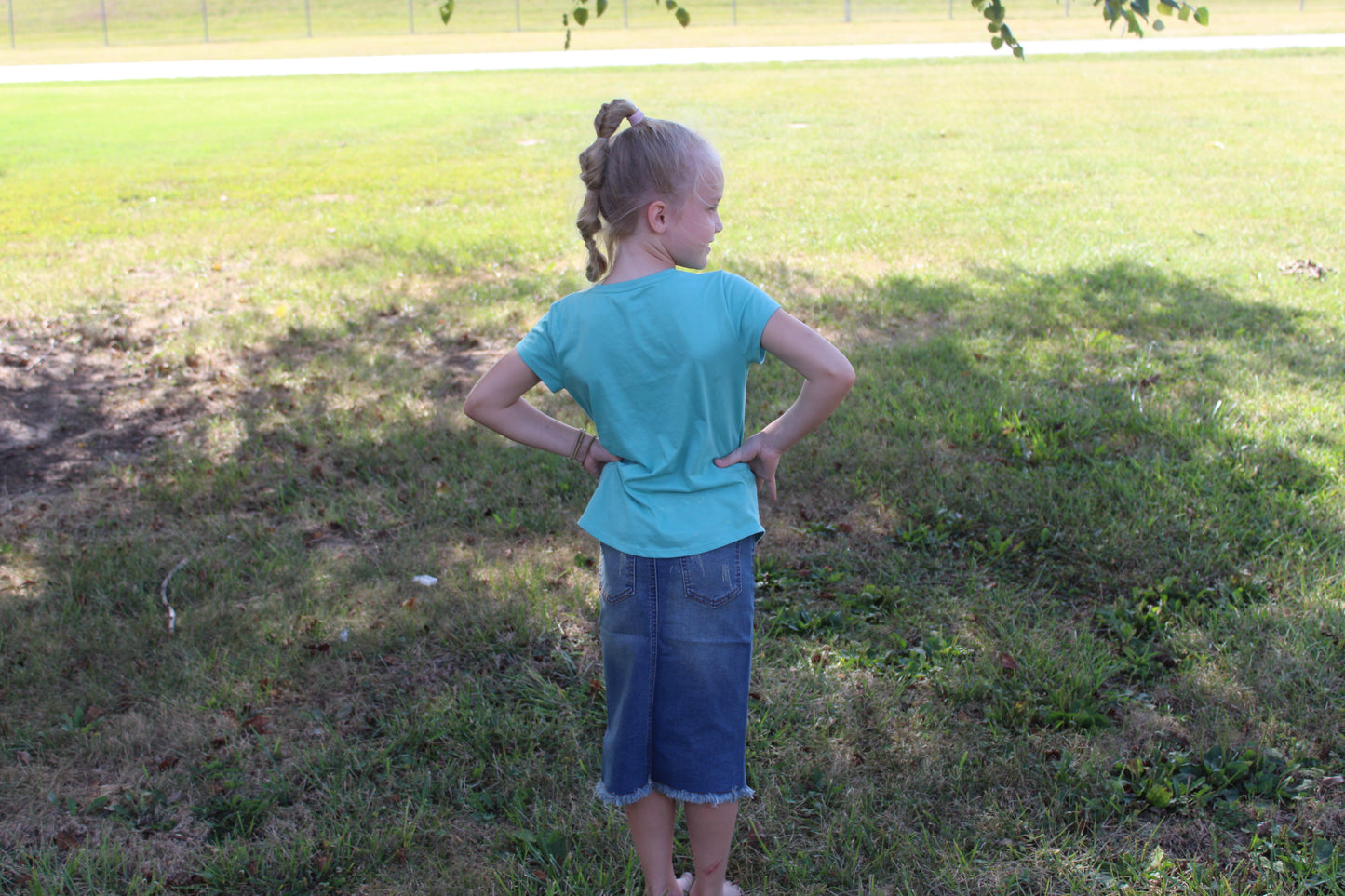 Girls Fringe Hem Knee Length Denim Skirt