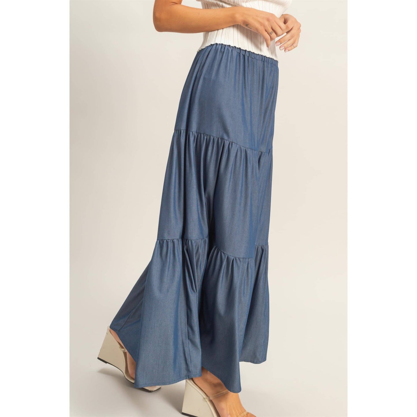 Denim Tiered Maxi Skirt
