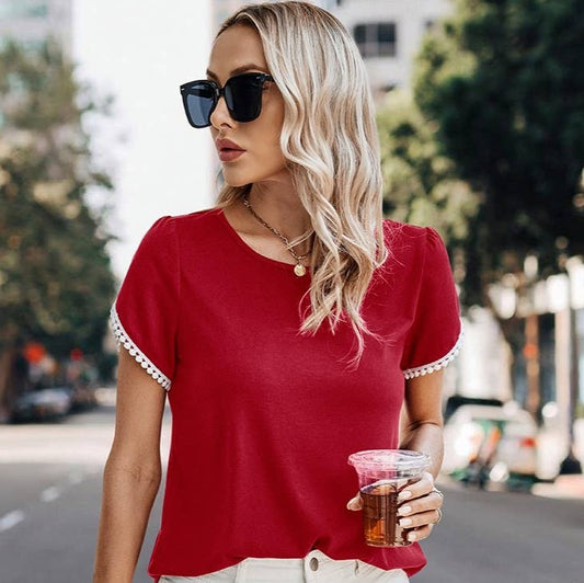 White Lace Trim Red Shirt