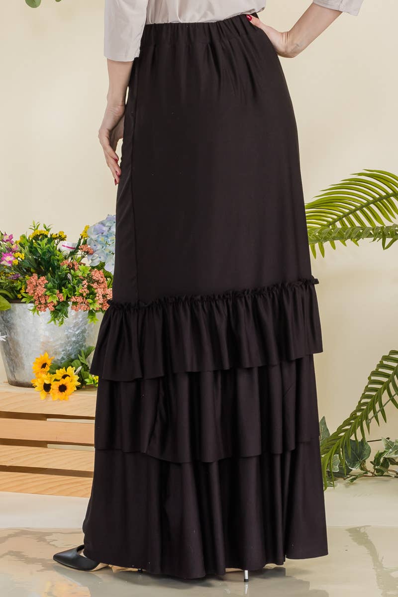 BLACK MAXI SKIRT WITH RUFFLE TIERED HEMLINE