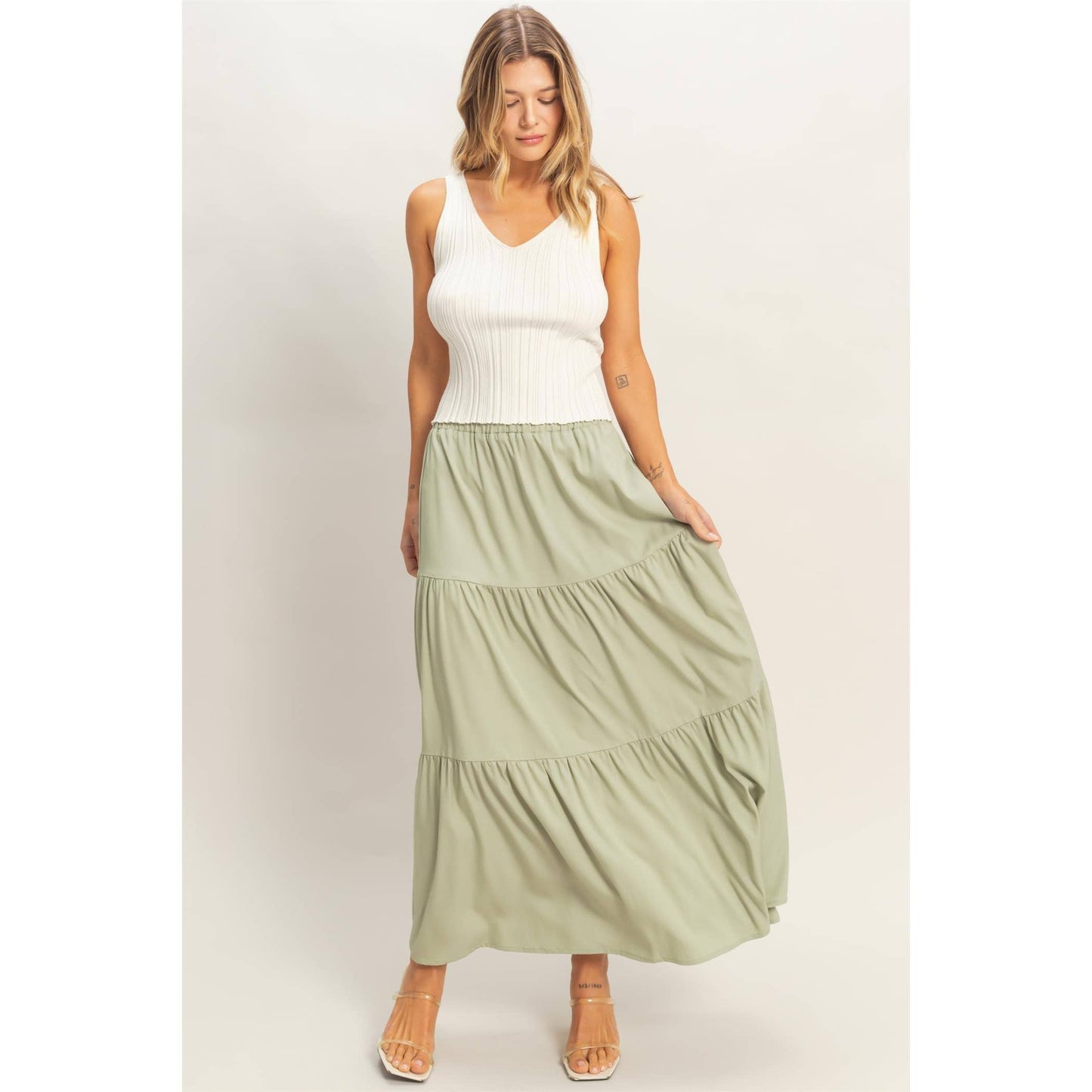 Denim Tiered Maxi Skirt
