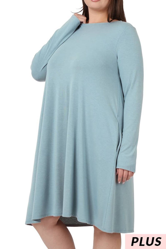 Plus Long Sleeve Flare Dress With Side Pockets (BLUE GREY)