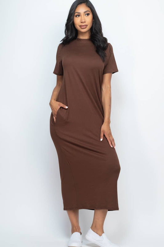 Brown Side Pocket Tee Dress