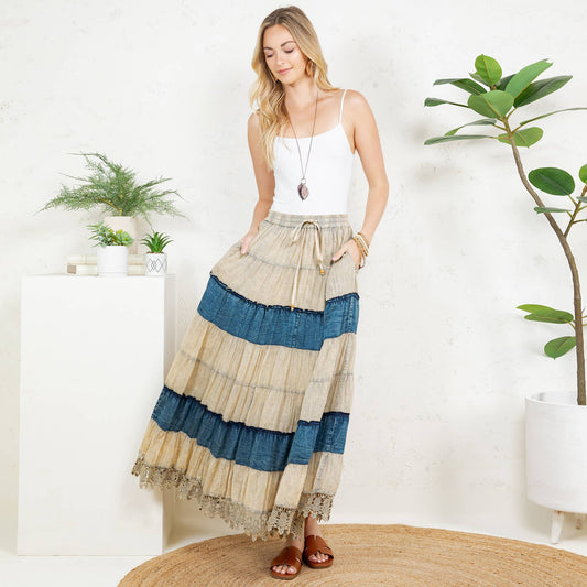 Boho Denim & Lace Maxi Skirt