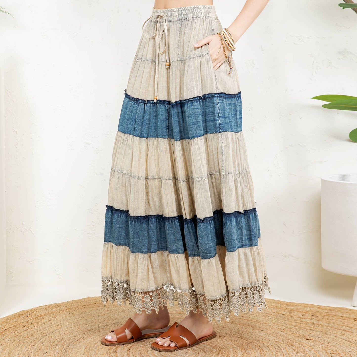 Boho Denim & Lace Maxi Skirt