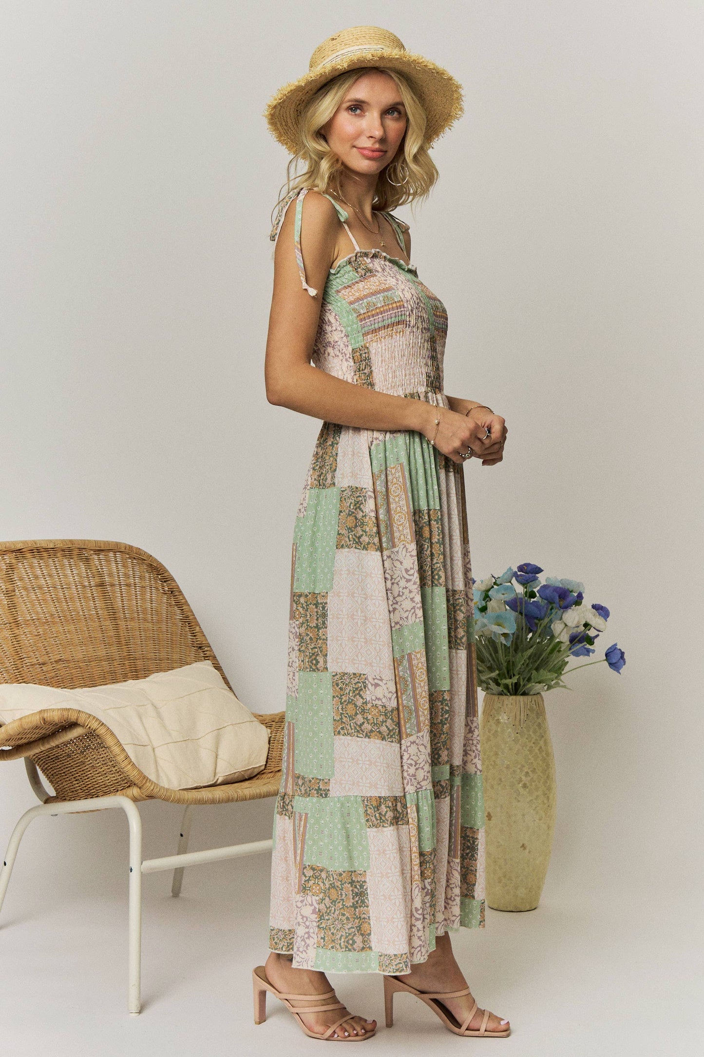 PATCHWORK PRINT SAGE MAXI DRESS