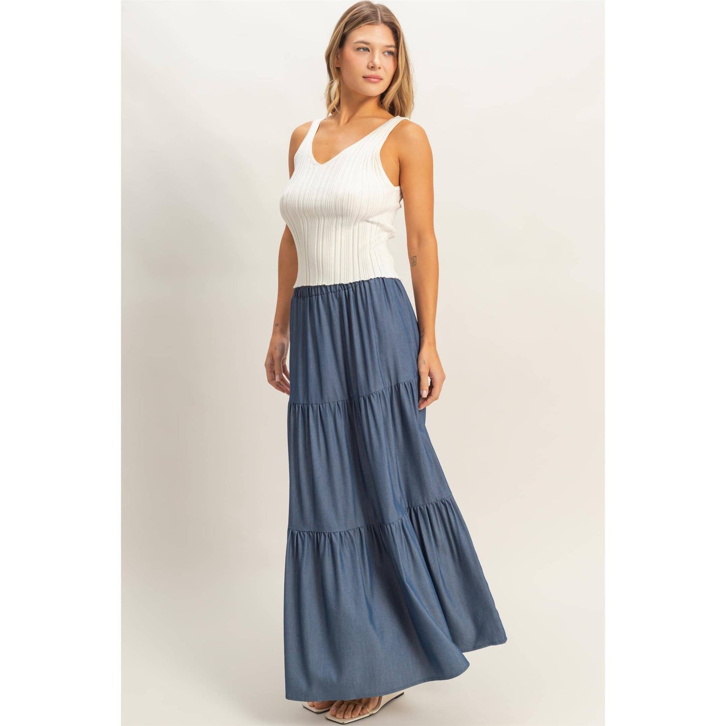 Denim Tiered Maxi Skirt