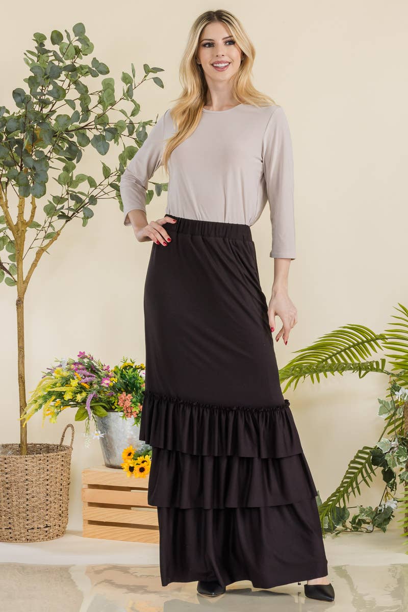 BLACK MAXI SKIRT WITH RUFFLE TIERED HEMLINE