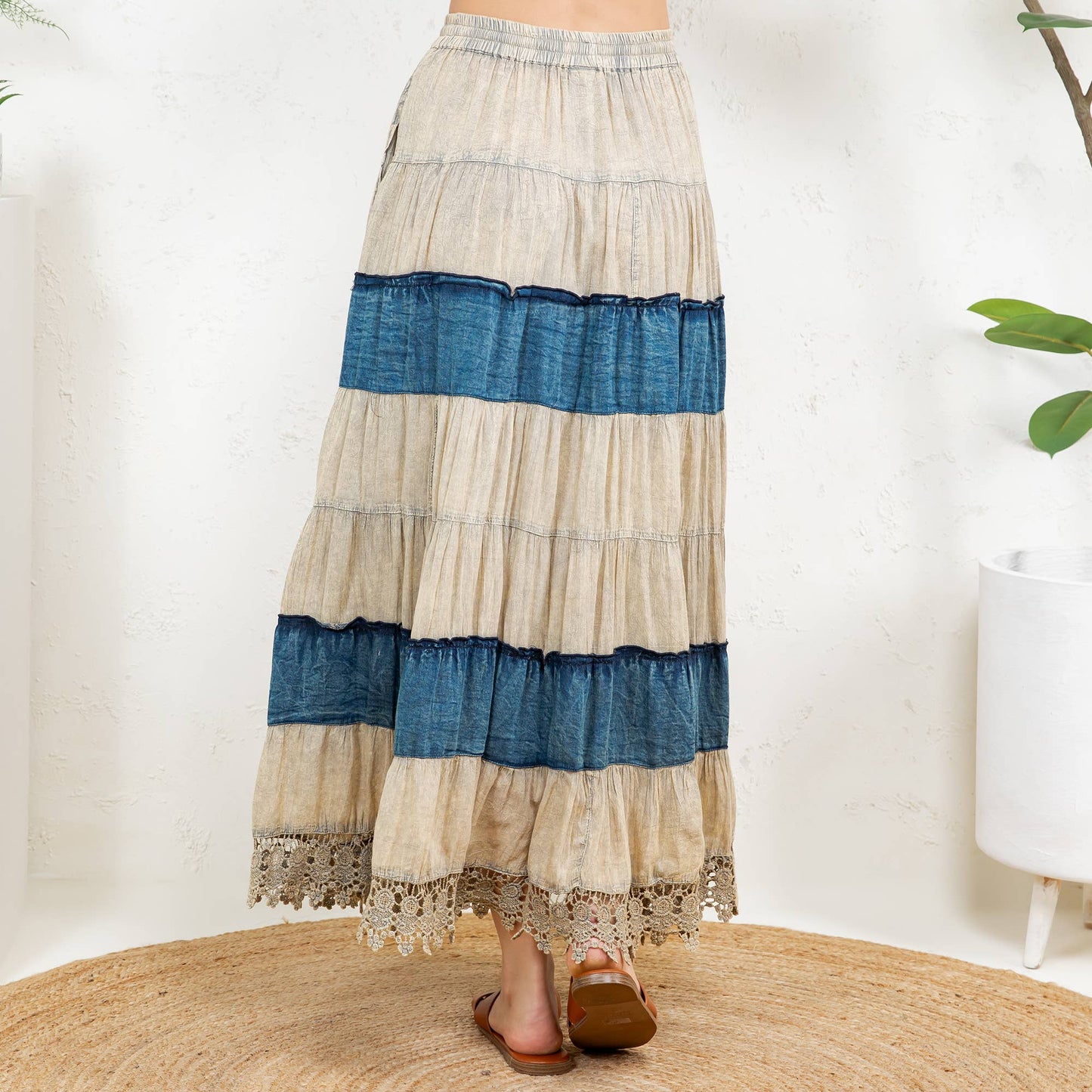 Boho Denim & Lace Maxi Skirt
