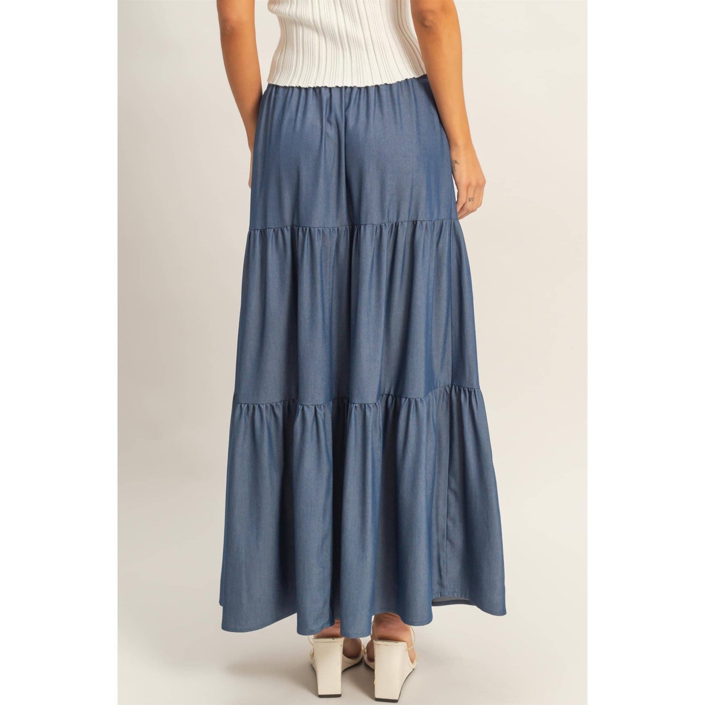 Denim Tiered Maxi Skirt