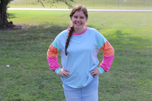 Bright Blue Color Block Sleeve Crewneck