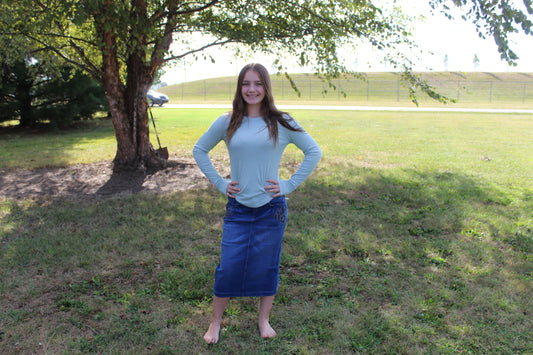 Dark Blue Embroidered Flower Denim Skirt