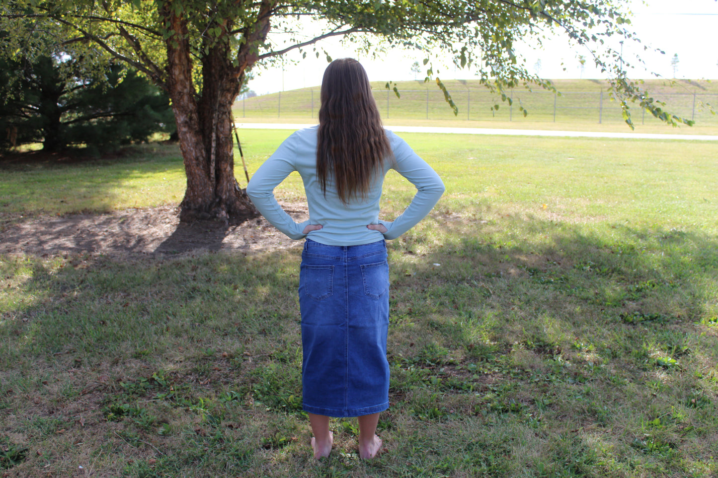 Dark Blue Embroidered Flower Denim Skirt