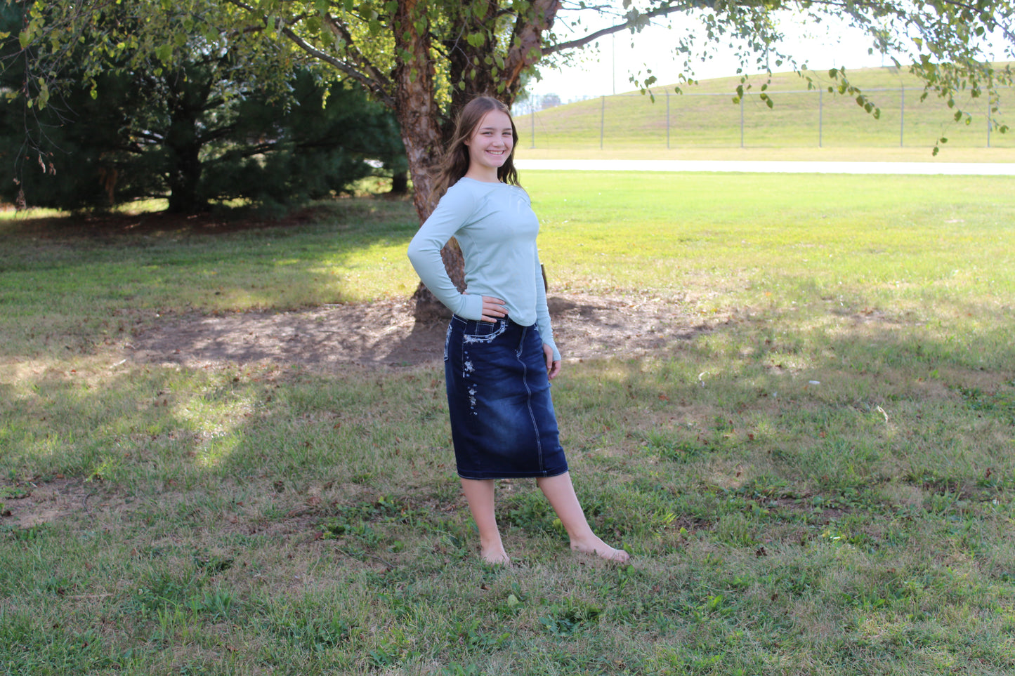 Plus Size Bright Blue Embroidered Flower Denim Skirt