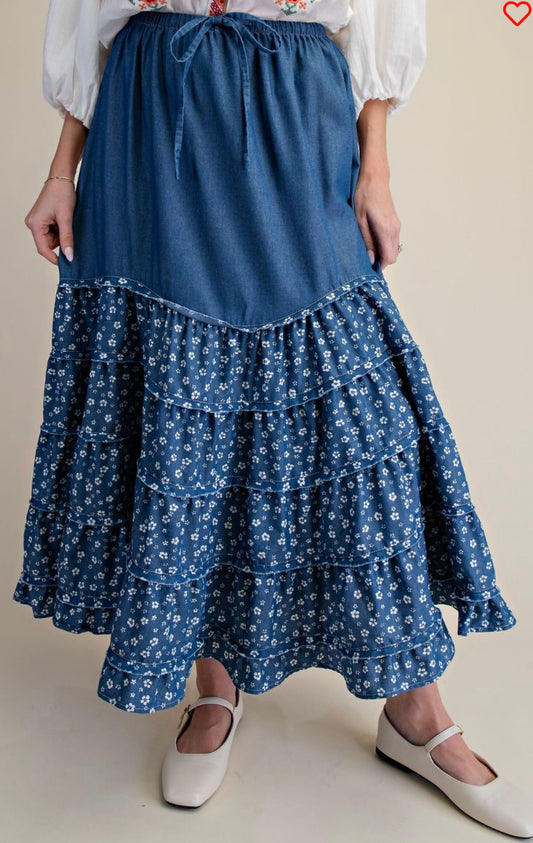Denim floral tiered skirt