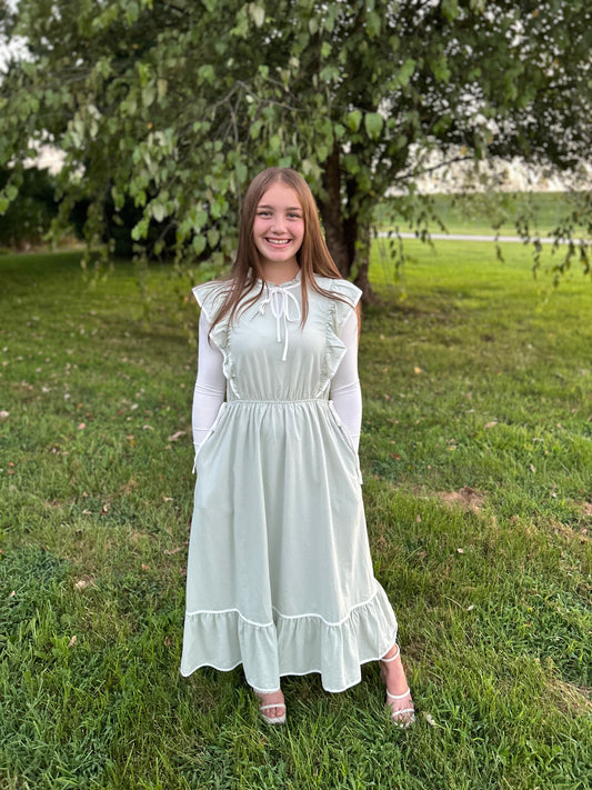 Sage Midi Dress With Cutoff Ruffle Sleeves