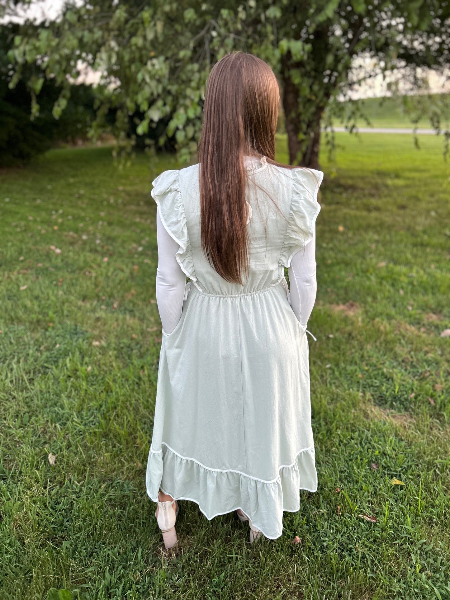 Sage Midi Dress With Cutoff Ruffle Sleeves