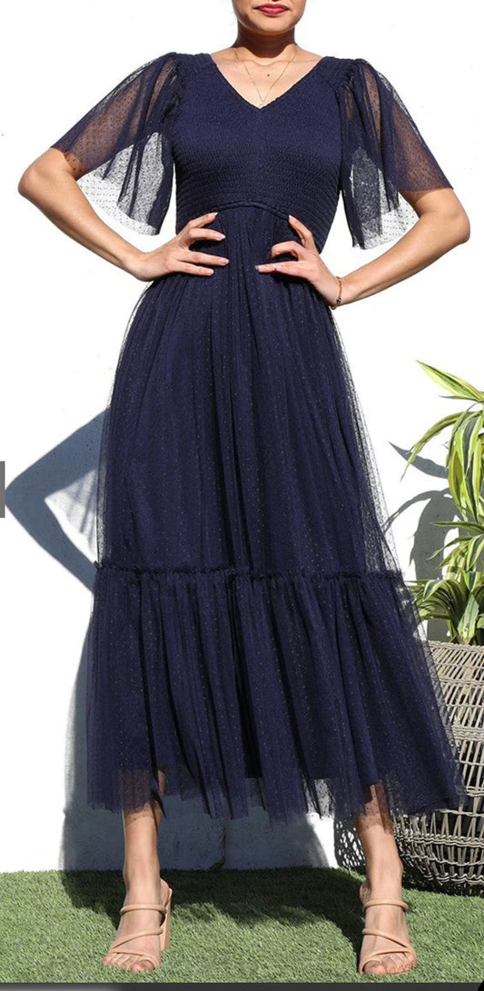 V-Neck Tulle Ruffle Dress