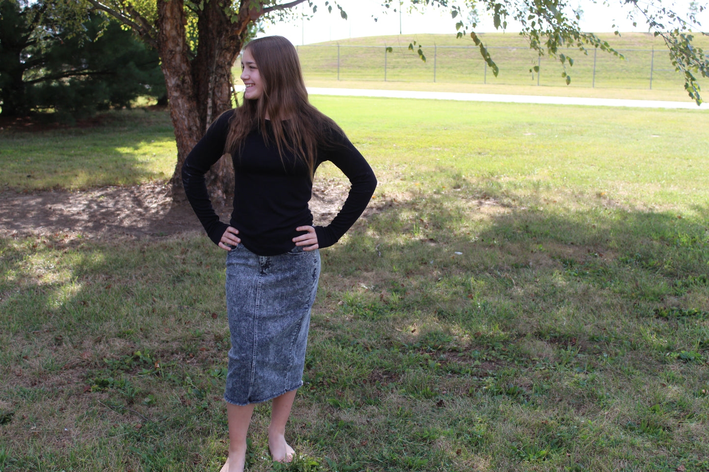 Black Snow Knee Length Denim Skirt