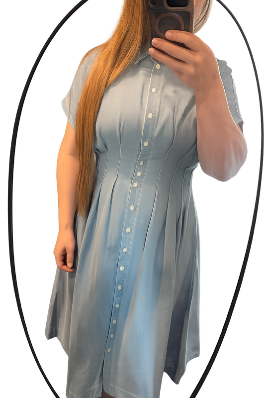 BUTTON DOWN PLEATED WAIST DENIM SHIRT DRESS: LT.WASH / M