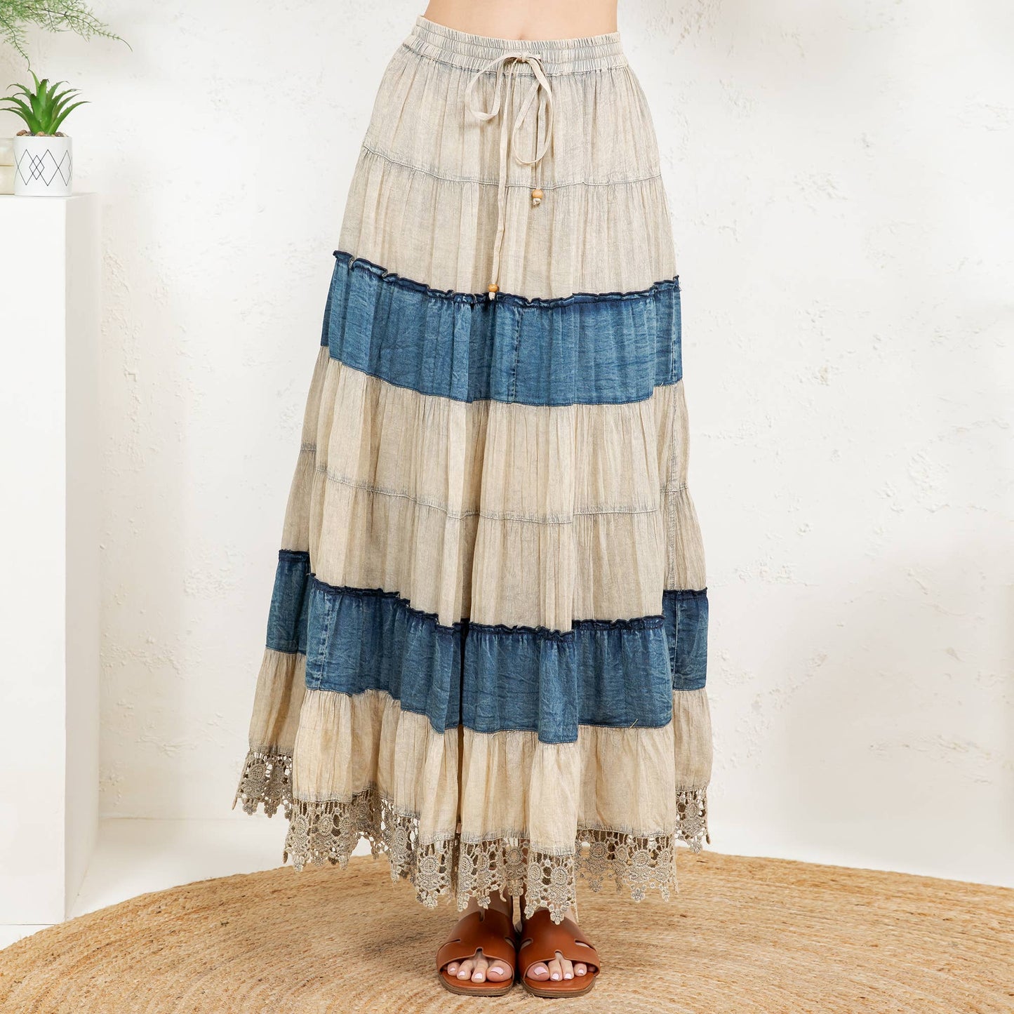 Boho Denim & Lace Maxi Skirt