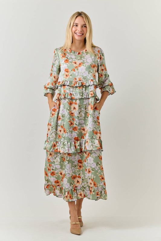 PLUS SIZE FLORAL SATIN DRESS WITH RUFFLES & POCKETS