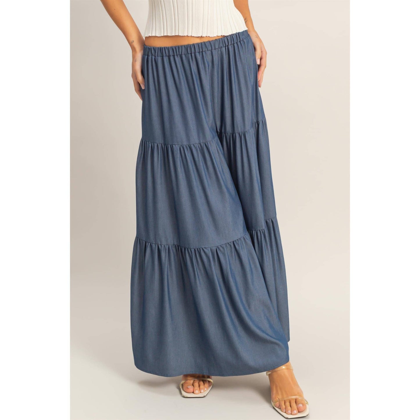 Denim Tiered Maxi Skirt
