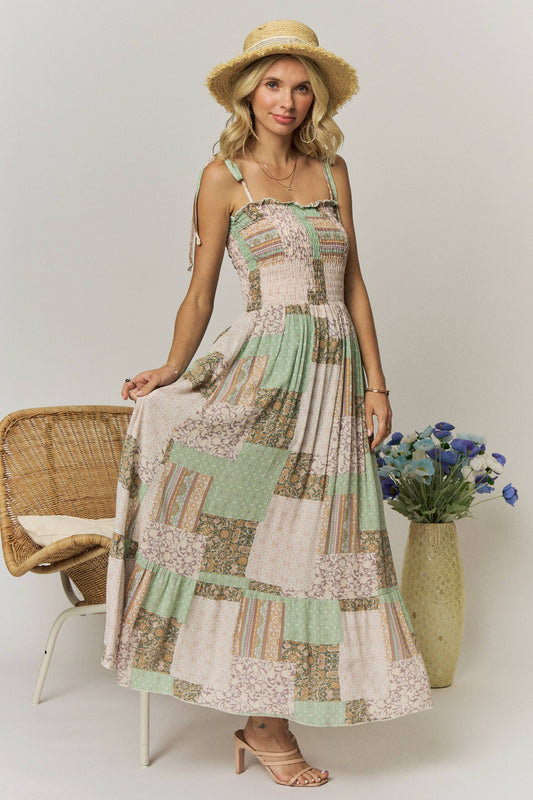 PATCHWORK PRINT SAGE MAXI DRESS