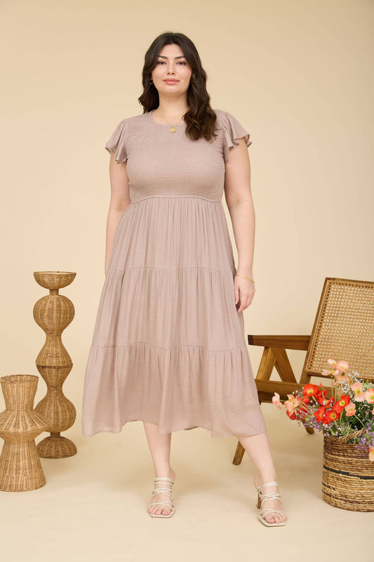PLUS TIERED SMOCKED SHORT SLEEVE MIDI DRESS: TAUPE