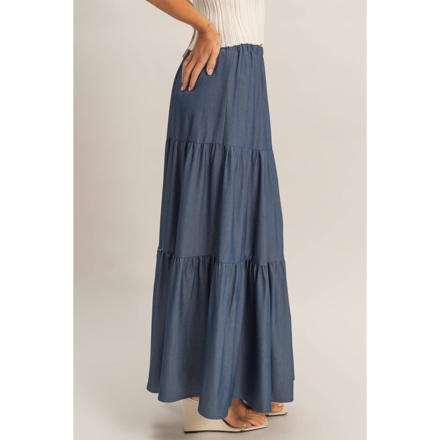 Denim Tiered Maxi Skirt