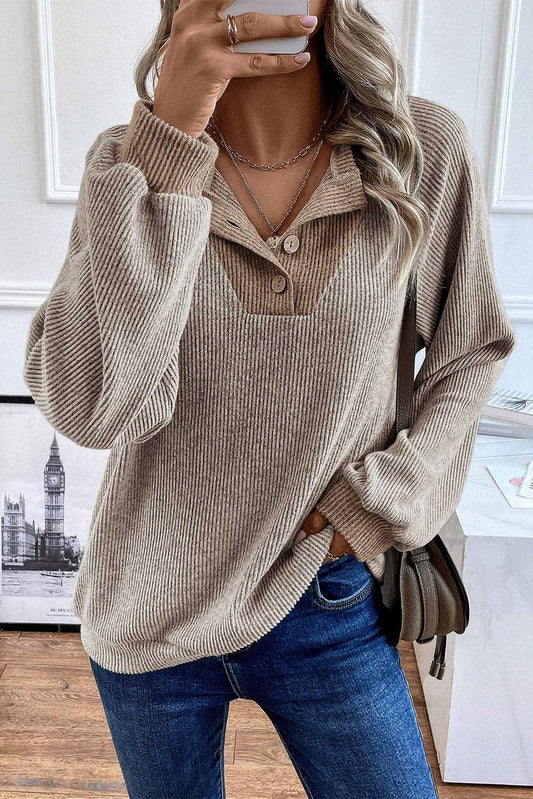 Tan ribbed button top
