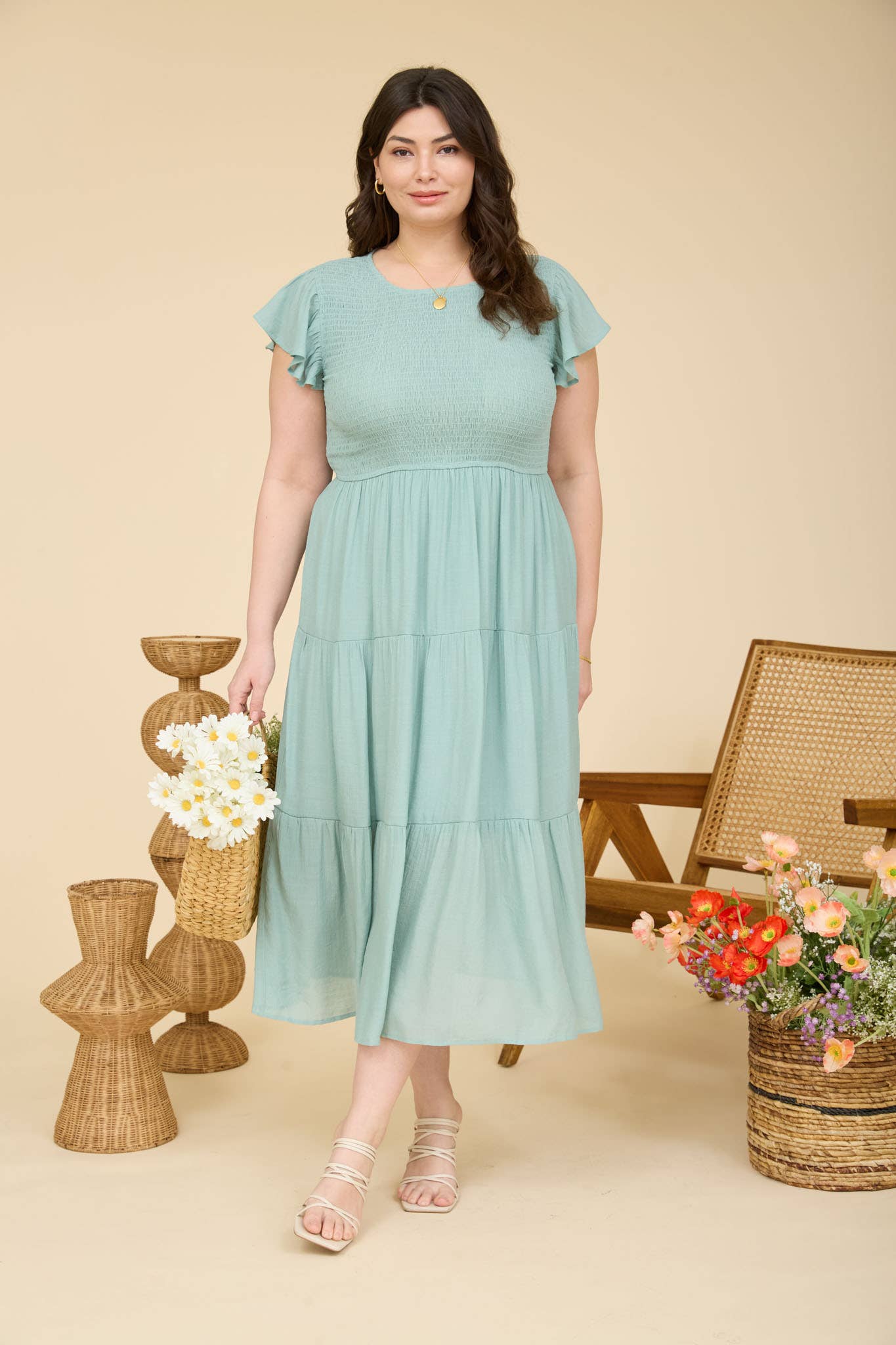 PLUS TIERED SMOCKED SHORT SLEEVE MIDI DRESS: TAUPE