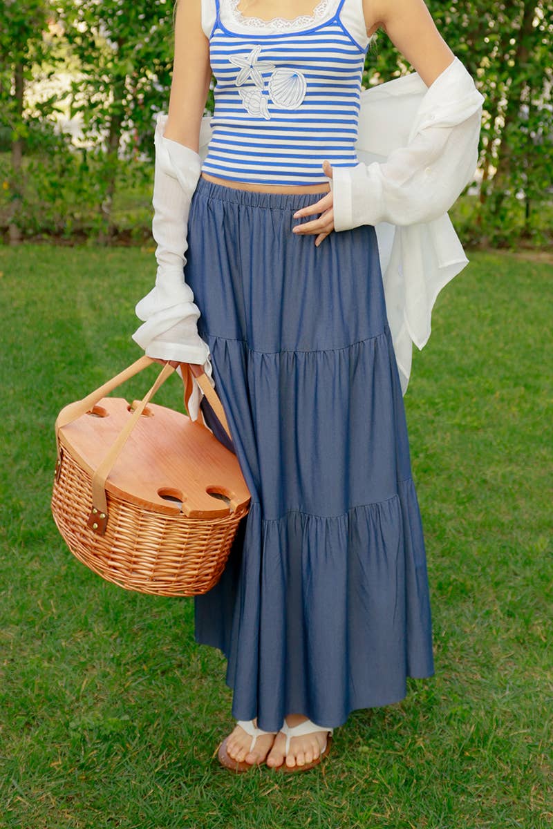 Denim Tiered Maxi Skirt